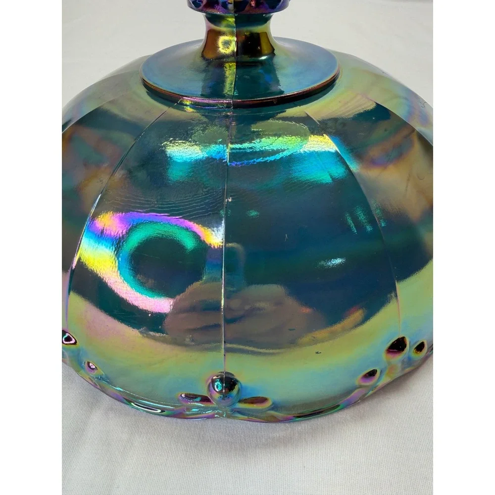 Vtg Iridescent Blue Carnival Glass Compote Scalloped Pedestal Candy Dish 7.25